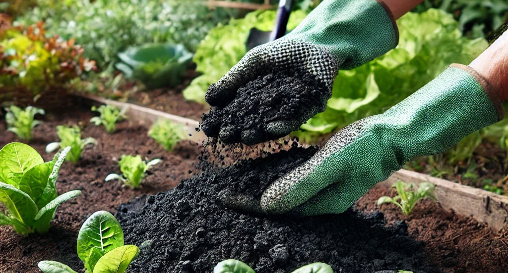 Application of biochar in a vegetable garden.