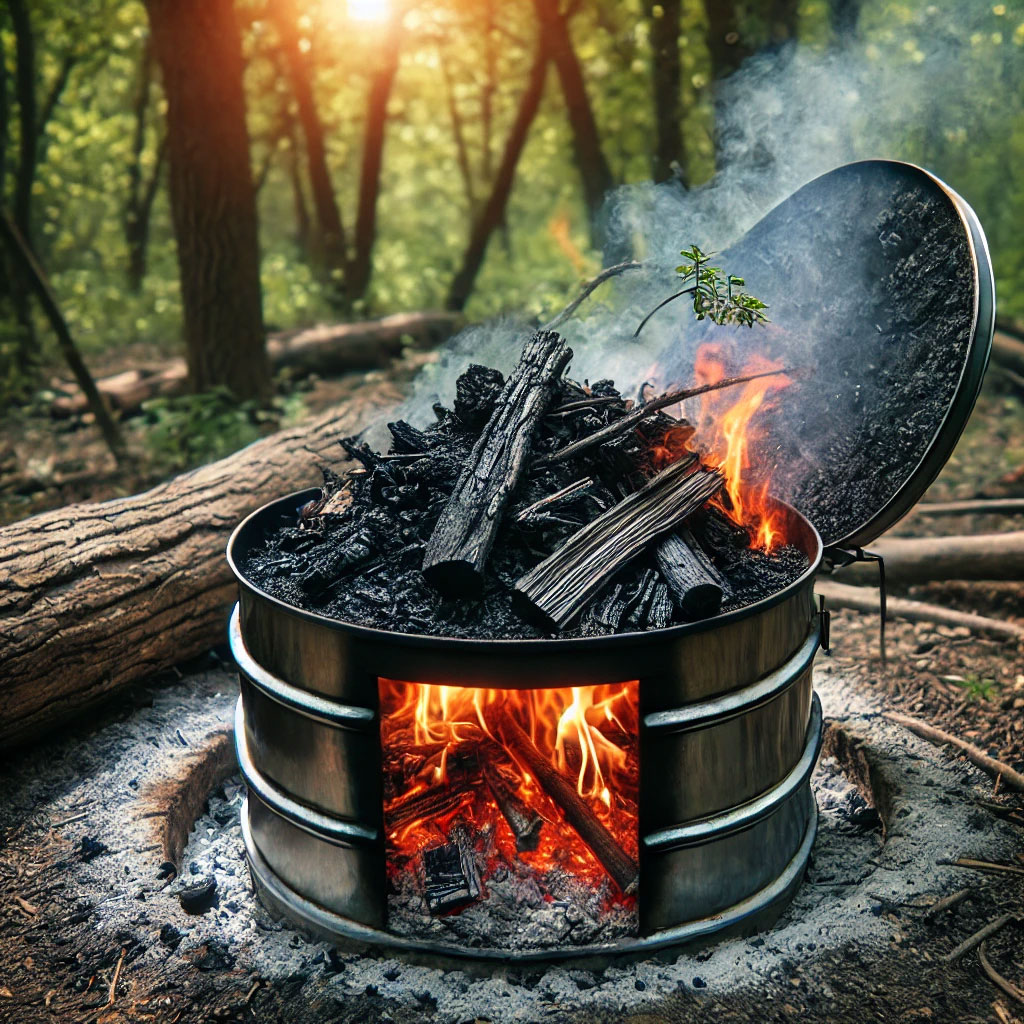 Biochar being created through pyrolysis in a controlled fire.